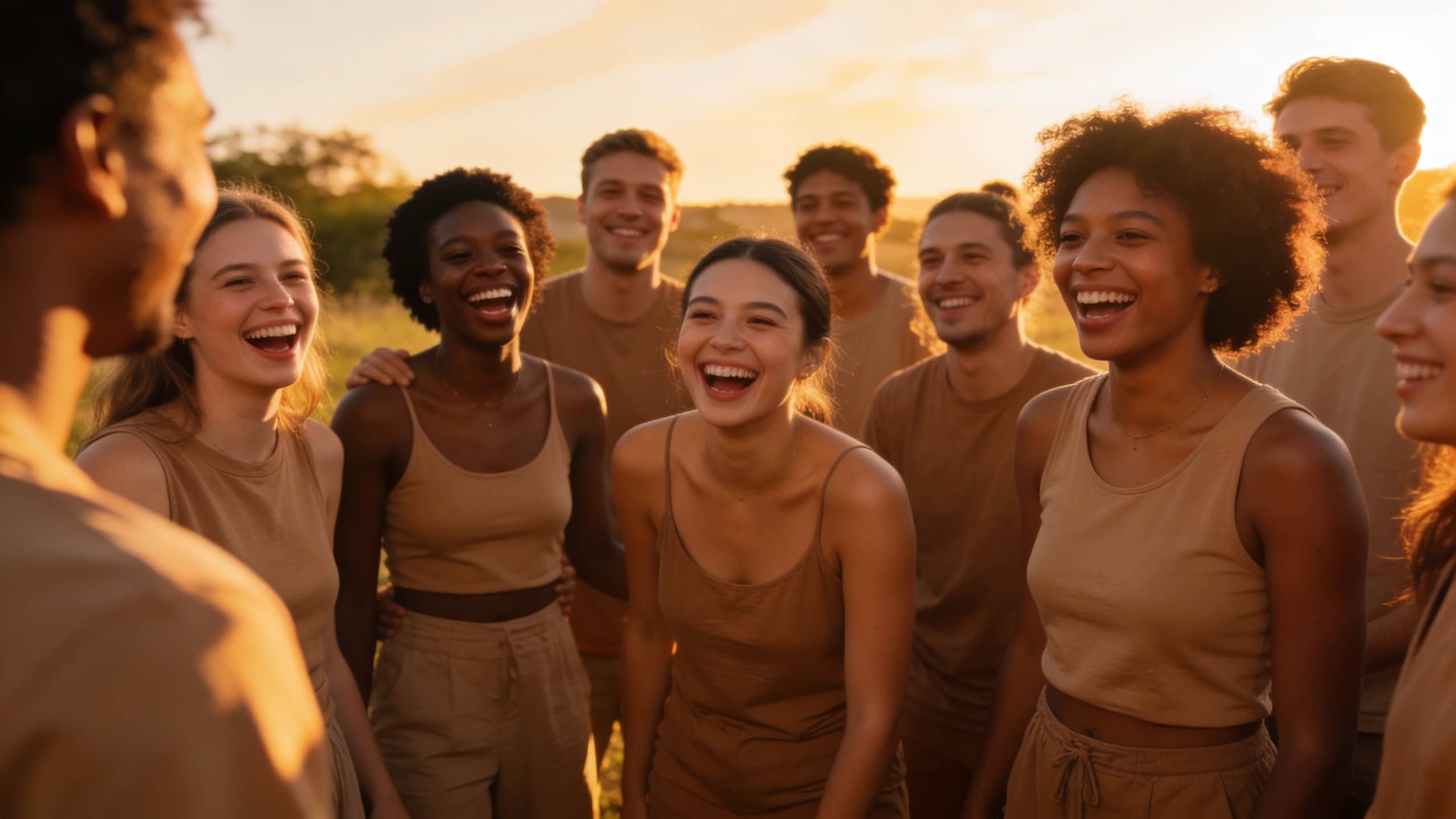 A diverse group of people united at sunset, representing our vision of community