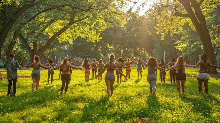 Community gathering in warm sunlight