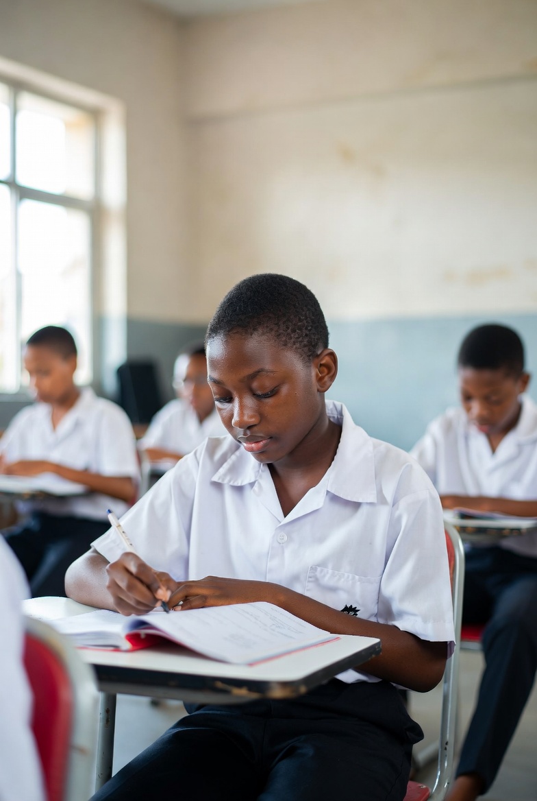 A smiling schoolgirl in her classroom