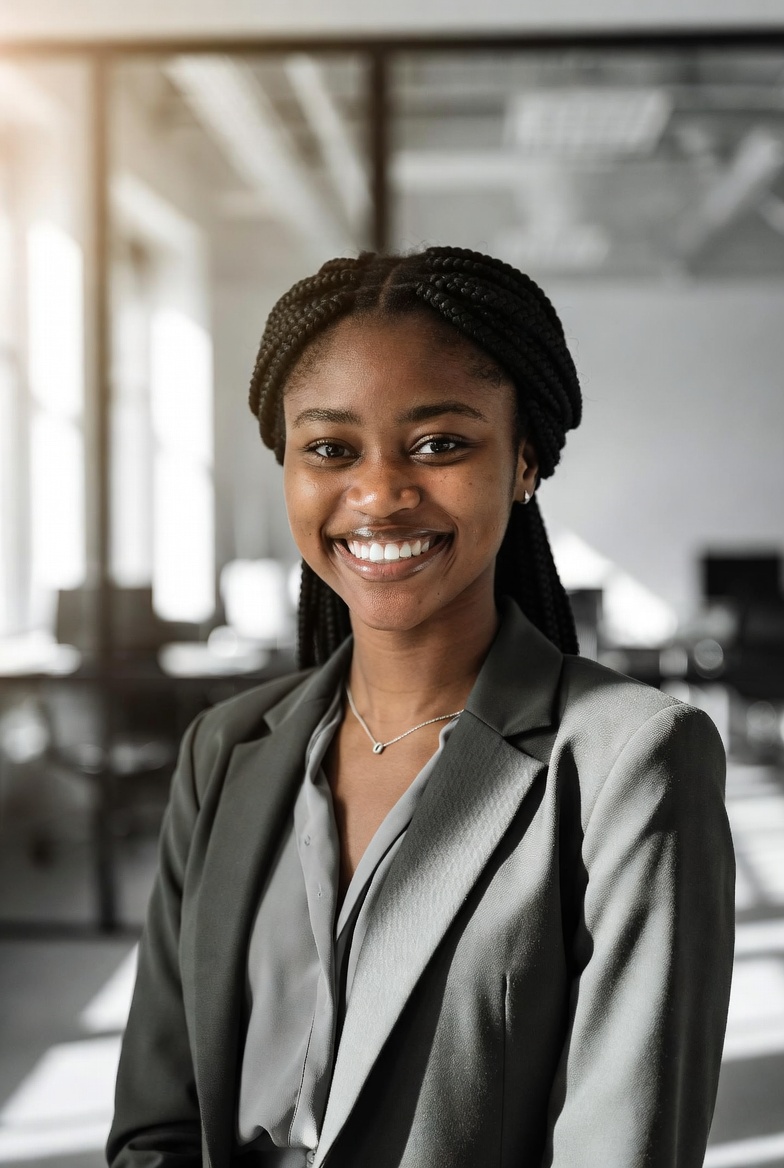 A confident young professional in a modern workplace